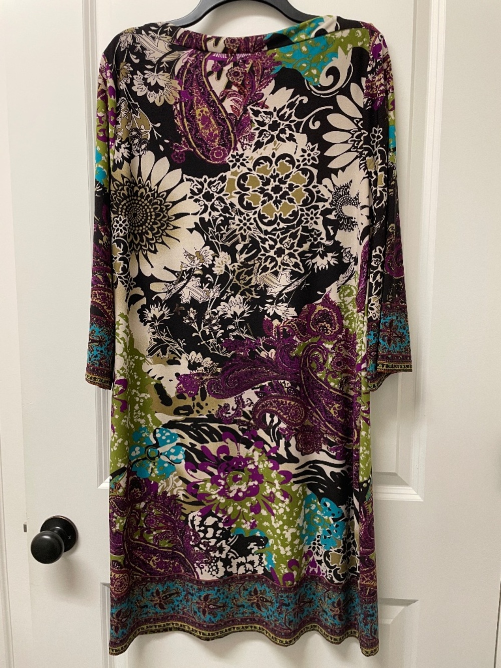 ice Black Floral Paisley Shift Dress Pullover Sz 10 Midi Boho Stretch-3/4 Sleeve